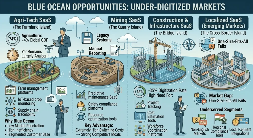 Infographic titled "Blue Ocean Opportunities: Under-Digitized Markets," showcasing four high-potential SaaS sectors: Agri-Tech, Mining, Construction, and Localized SaaS for emerging markets.