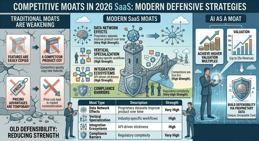 Infographic titled "Competitive Moats in 2026 SaaS: Modern Defensive Strategies," contrasting the decline of traditional moats like pricing with the rise of modern defensibility through data, specialization, and AI.