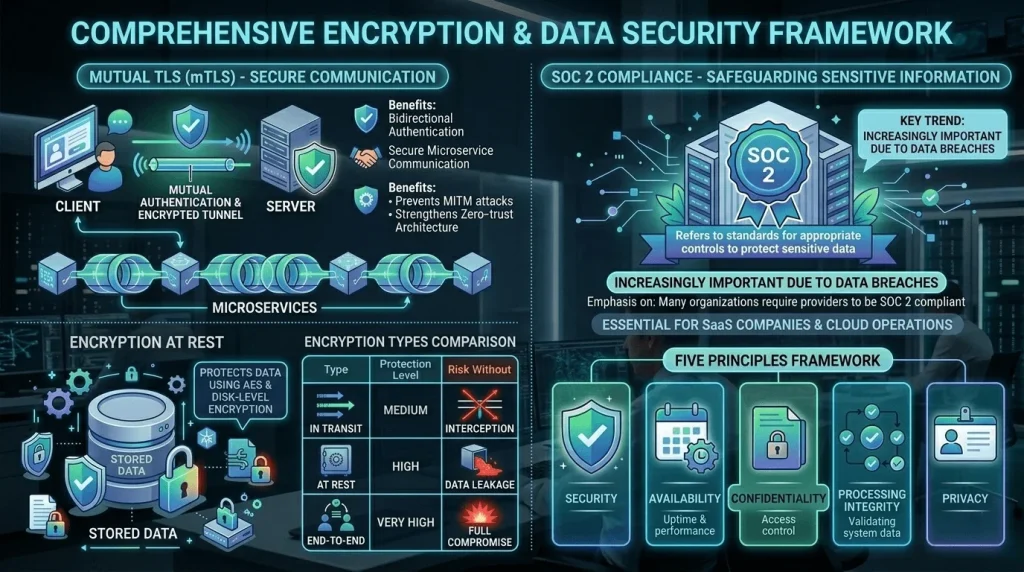 Infographic detailing a SaaS data security framework, featuring Mutual TLS (mTLS) for microservices, AES encryption at rest, and the 5 principles of SOC 2 compliance.