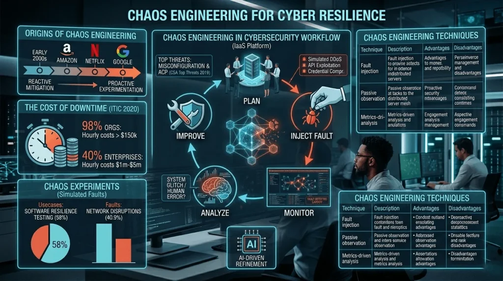 Infographic of Chaos Engineering for cyber resilience showing the plan-inject-monitor-analyze workflow and its impact on reducing the cost of downtime.