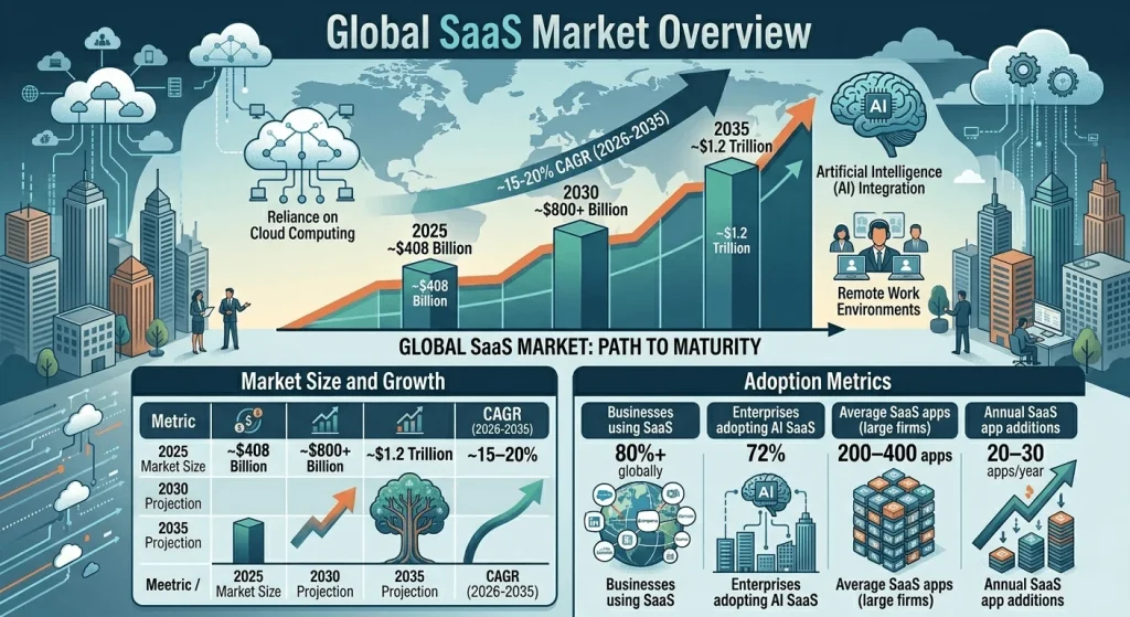 Infographic titled "The 2026 SaaS Saturation Report," illustrating the strategic shift from crowded horizontal markets to specialized vertical industries with a market projection of $1.2 trillion by 2035.