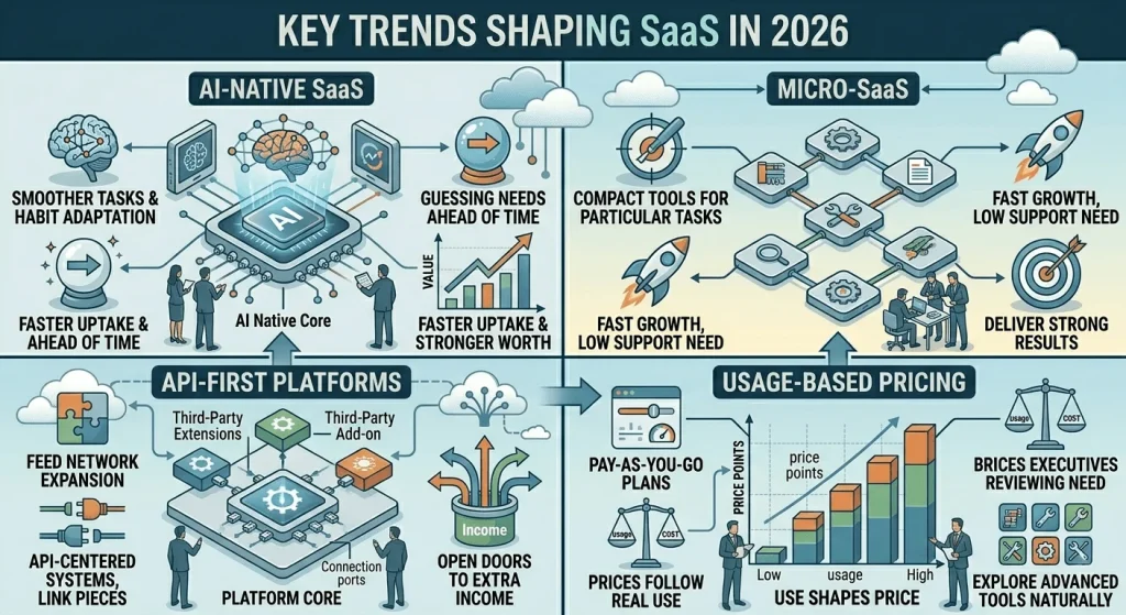 Infographic titled "Key Trends Shaping SaaS in 2026," highlighting four major industry shifts: AI-Native SaaS, Micro-SaaS, API-First Platforms, and Usage-Based Pricing with their respective benefits.