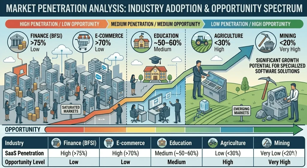 Infographic titled "Market Penetration Analysis: Industry Adoption & Opportunity Spectrum," showing a correlation between low SaaS penetration and high market opportunity across sectors like Finance, E-commerce, Education, Agriculture, and Mining.