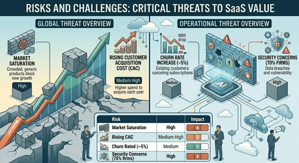 Infographic titled "Risks and Challenges: Critical Threats to SaaS Value," detailing global and operational threats including market saturation, rising CAC, churn rates, and security concerns with an associated risk-impact table.