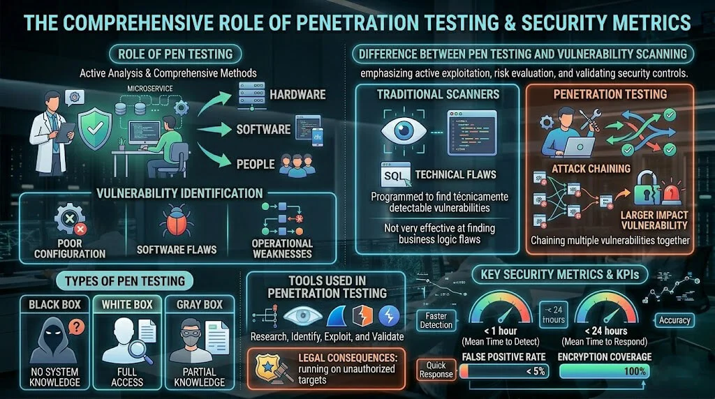 Overview of penetration testing types (Black, White, Gray Box) and key security metrics including MTTD, MTTR, and encryption coverage.