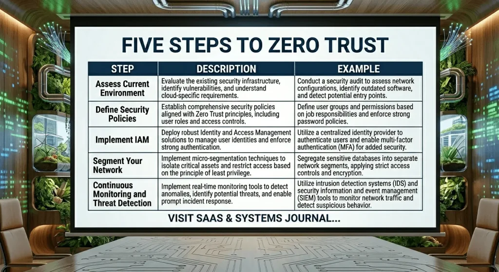 infographic table for the steps to Implement Zero Trust Security