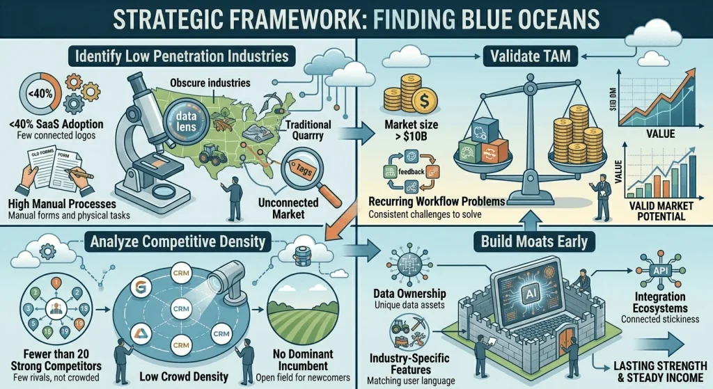Infographic of a four-stage "Strategic Framework: Finding Blue Oceans" for SaaS, detailing the process of identifying low-penetration industries, validating market size, analyzing competition, and building early moats.