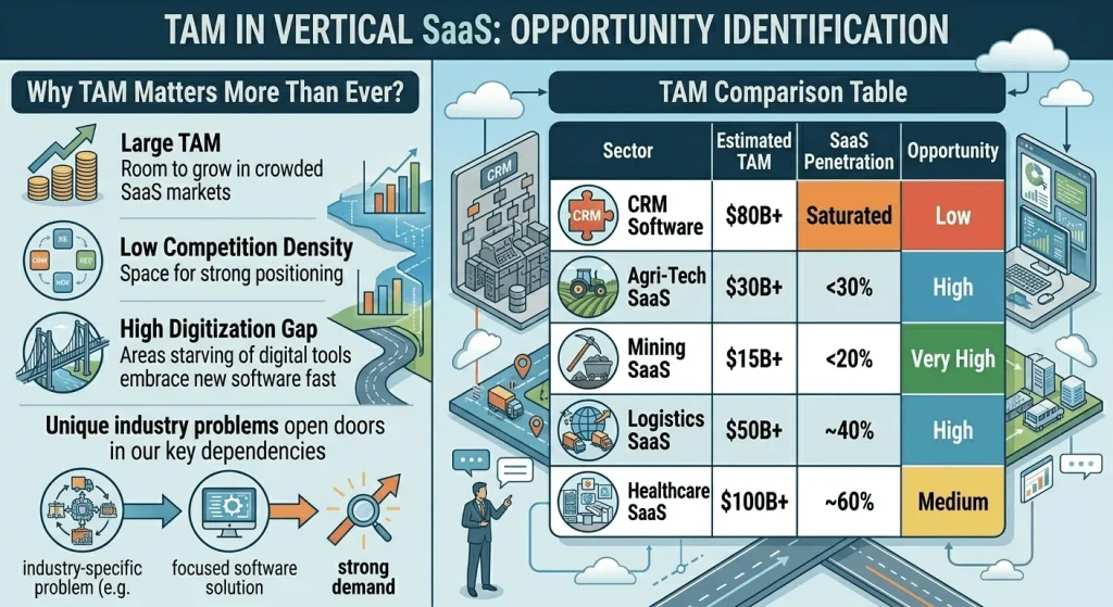 Infographic titled "TAM in Vertical SaaS: Opportunity Identification," featuring a comparison table of market sizes and penetration rates across sectors like CRM, Agri-Tech, Mining, Logistics, and Healthcare.