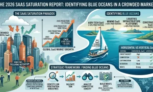 Infographic of the 2026 SaaS Saturation Report illustrating the market shift from horizontal to vertical SaaS with growth projections and industry penetration rates.
