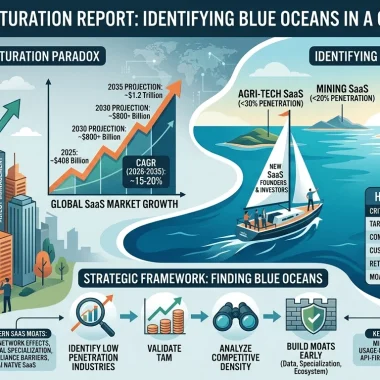 Infographic of the 2026 SaaS Saturation Report illustrating the market shift from horizontal to vertical SaaS with growth projections and industry penetration rates.