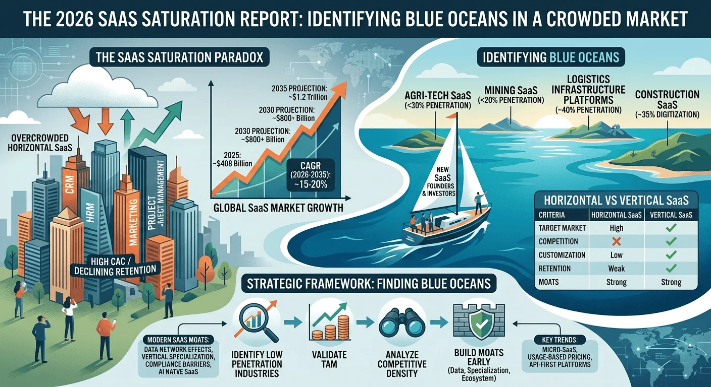 Infographic of the 2026 SaaS Saturation Report illustrating the market shift from horizontal to vertical SaaS with growth projections and industry penetration rates.