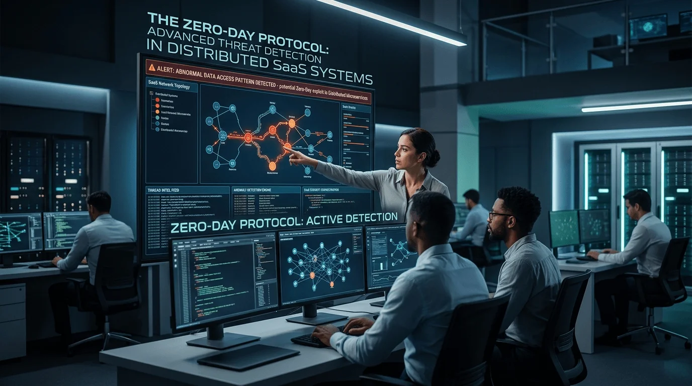 Security team monitoring a distributed SaaS network topology for zero-day threats in a modern SOC