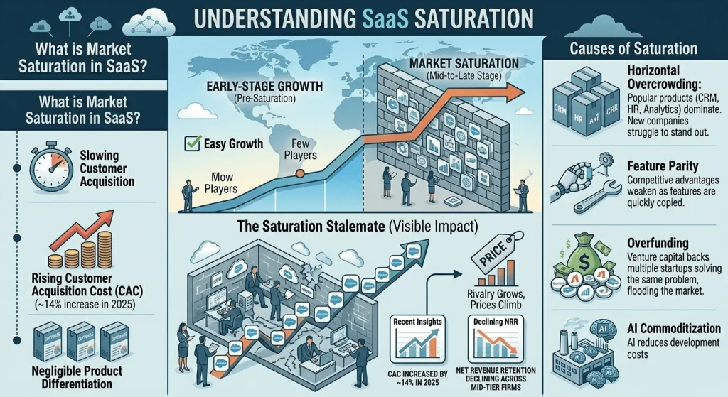 Infographic titled "Understanding SaaS Saturation," explaining the transition from early-stage growth to market saturation, highlighting causes like horizontal overcrowding and the impact of rising CAC and declining NRR.
