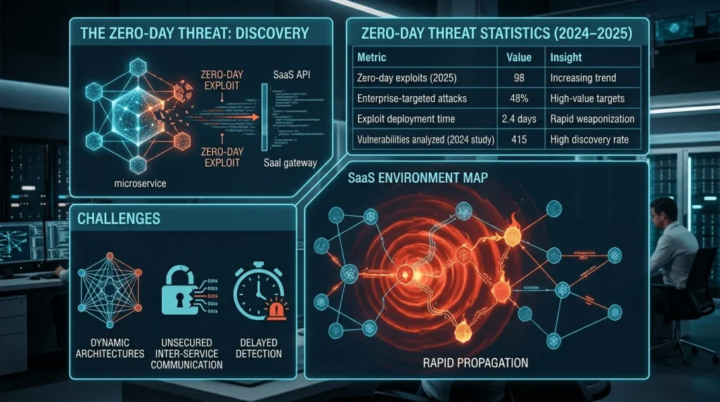 Infographic showing Zero-Day threat statistics for 2024-2025 and the rapid propagation of exploits across SaaS environment microservices.