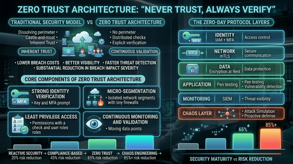 Visual guide to Zero Trust Architecture (ZTA) and the Zero-Day Protocol layers, showing security maturity levels from reactive models to Chaos Engineering.